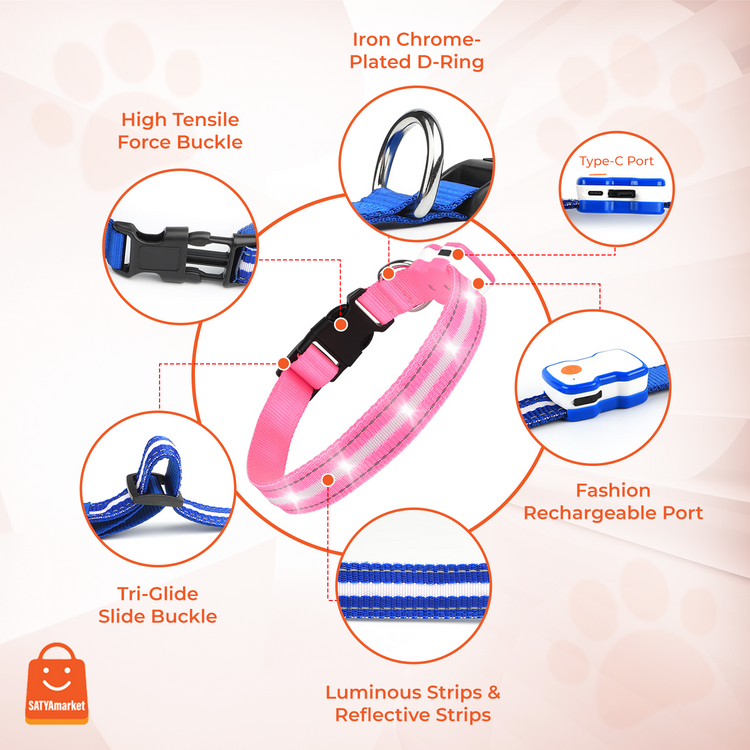 LED Dog Collar| USB Rechargeable, Waterproof Pet Collar with 3 Light Modes, Reflective Strips, Adjustable Sizes (S/M/L) Safety Night Walking Collar
