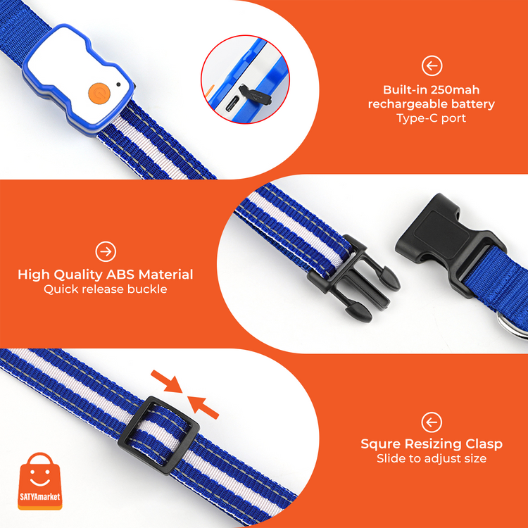 LED Dog Collar| USB Rechargeable, Waterproof Pet Collar with 3 Light Modes, Reflective Strips, Adjustable Sizes (S/M/L) Safety Night Walking Collar