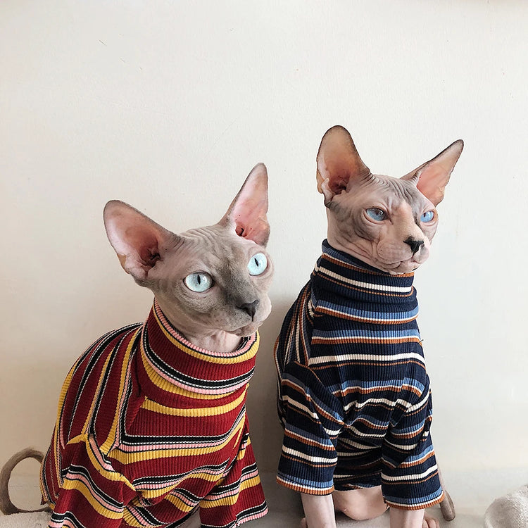 Striped Knitted Cat Clothes for Sphynx | Warm Vest for Hairless Cats | Autumn/Winter Outfit (XS–XL)