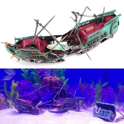 Split Shipwreck Aquarium Ornament – Resin Sunken Boat Decoration with Air Aerobic Feature