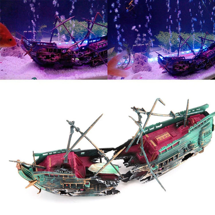 Split Shipwreck Aquarium Ornament – Resin Sunken Boat Decoration with Air Aerobic Feature
