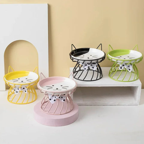 Ceramic Cat Food Bowl | High Foot Raised Pet Bowl | Cat Dog Feeding Dish | Cervical Spine Care | Outdoor Ceramic Bowl with Iron Stand | Anti-Tip Pet Feeder