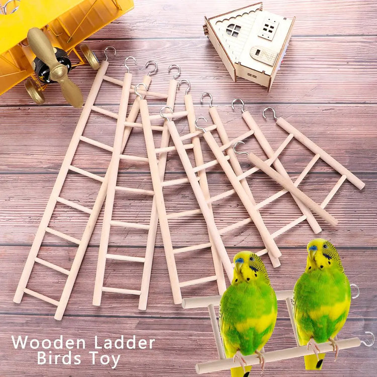 Wooden Bird Climbing Ladder Toy | DIY Parrot Cage Accessory with Hooks | Natural Wood Play Ladder for Birds & Hamsters