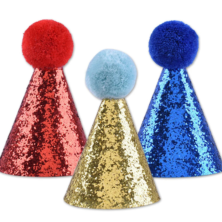 Cat Dog Bow Tie/Hat Decoration | 2Pcs Set | Baby Birthday Party Prop - Glitter Pom Pom Headwear + Bowknot Collar | Pet Supplies