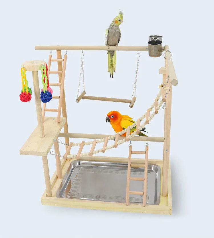 Wood Parrot Playground | Playgym with Feeder | Bird Playstand | Perches with Ladders | Cockatiel Lovebirds Activity Center