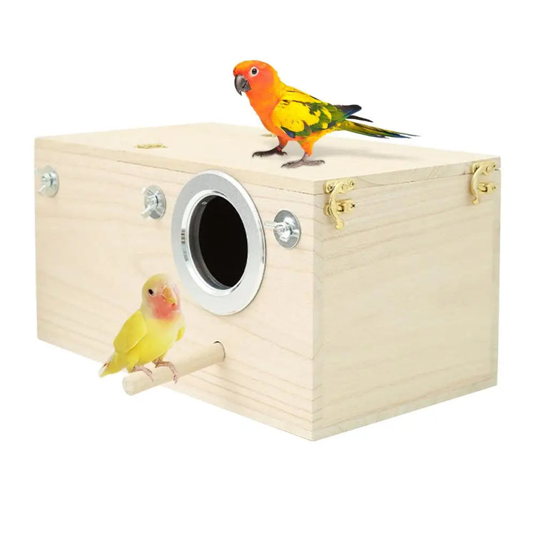 Wood Bird Nest Box | Breeding House with Perch for Parakeets & Small Birds | Decorative Cage Accessory for Indoor & Outdoor Use