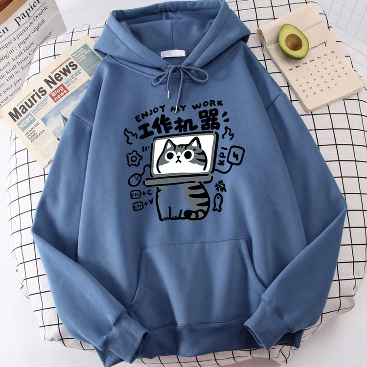Cartoon Cat Is an Abstract Work Machine | Men's Sweatshirt | Comfort Sweatshirts | Leisure Outdoor Pullover | Youth Popular Clothes