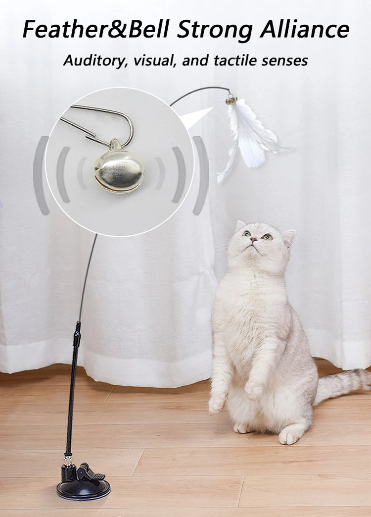 Cat Teaser Toy | Interactive Bell & Feather Wand | Suction Cup Pole | Long Flexible Cat Wand | Exciting Cat Play Toy | Cat Feather Toy | Pet Supplies