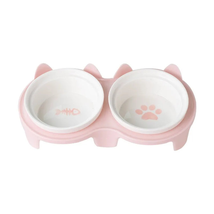 Ceramic Double Cat Bowl | Food & Water Bowl Set | Elevated Pet Bowl for Cervical Spine Protection | Cat Supplies
