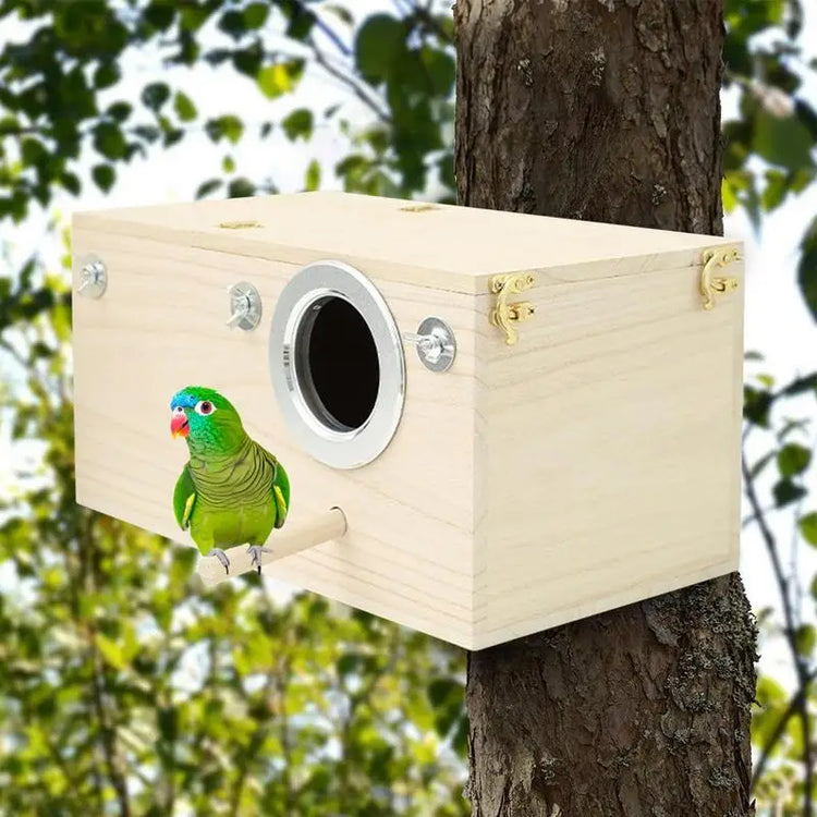 Wood Bird Nest Box | Breeding House with Perch for Parakeets & Small Birds | Decorative Cage Accessory for Indoor & Outdoor Use