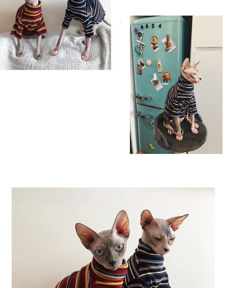 Striped Knitted Cat Clothes for Sphynx | Warm Vest for Hairless Cats | Autumn/Winter Outfit (XS–XL)
