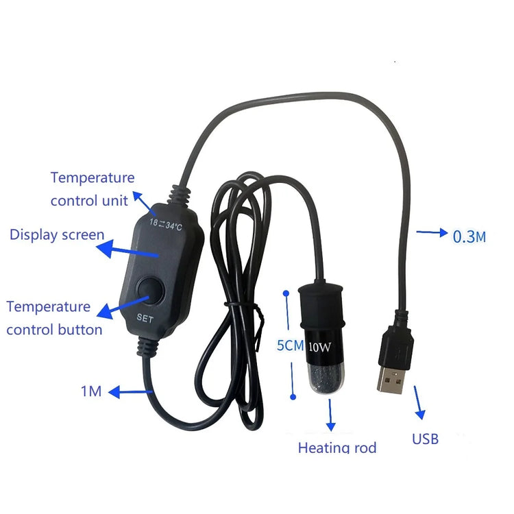 USB Mini Aquarium Heater – Adjustable 18–34°C, Submersible 10W Heating Rod for Small Fish Tanks (2L)