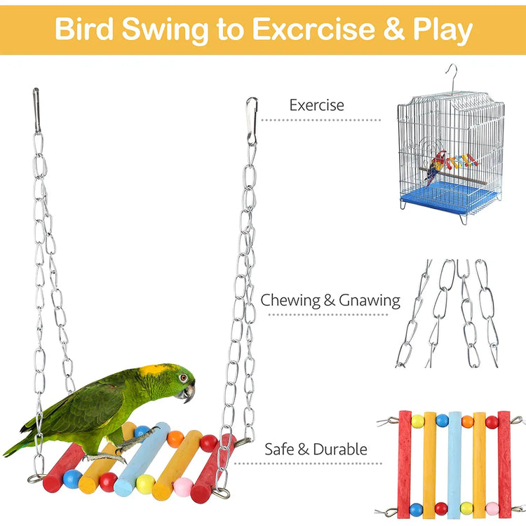 11Pcs Bird Cage Toys for Parrots | Wood Birds Swing | Reliable Chewable Bite Bridge / Wooden Beads Shape Parrot Toy - Bird Toys