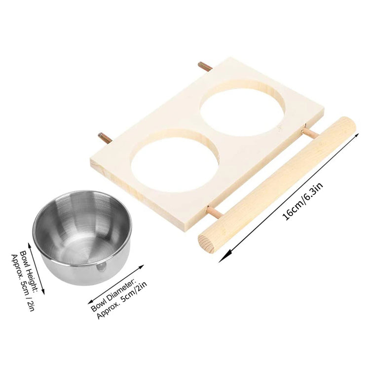 Bird Feeder | Stainless Steel Pet Parrot Feeding Bowl with Wooden Stand | Double Bowl Bird Feeding & Watering Supplies