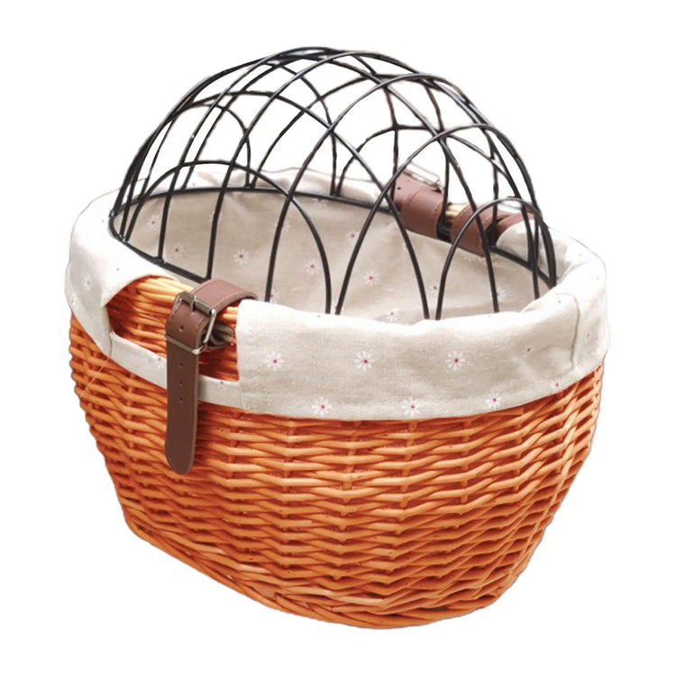 Wicker Pet Carrier | Front Bike Basket with Wire Mesh Cover - Small Dogs/Cats