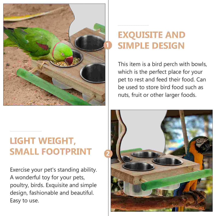 Bird Perch with Feeding Bowl | Wooden Stand & Food Cup for Parrots | Cage Feeder & Play Rack Combo | Acrylic & Wood Bird Cage Accessory