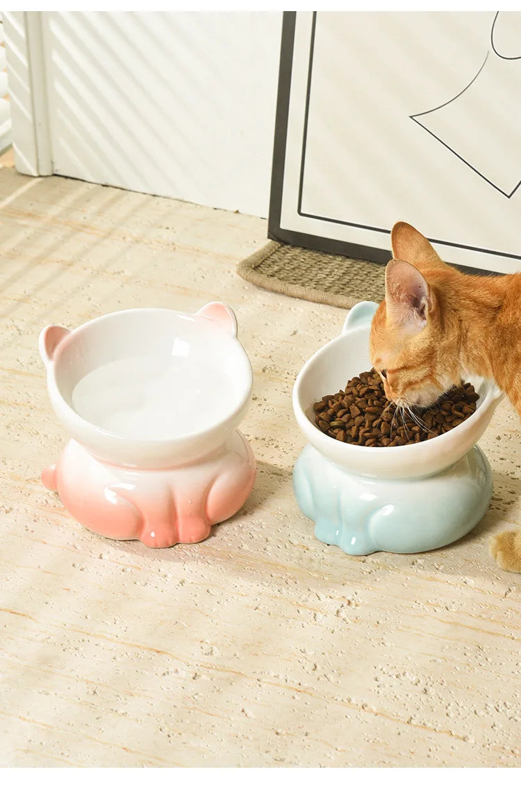 Cat Bowl Ceramic | High Foot | Diagonal Mouth | Neck Protection | Large Diameter Cat Food Bowl | Drinking Bowl | Anti-Overturning Design | Cat Food Bowl