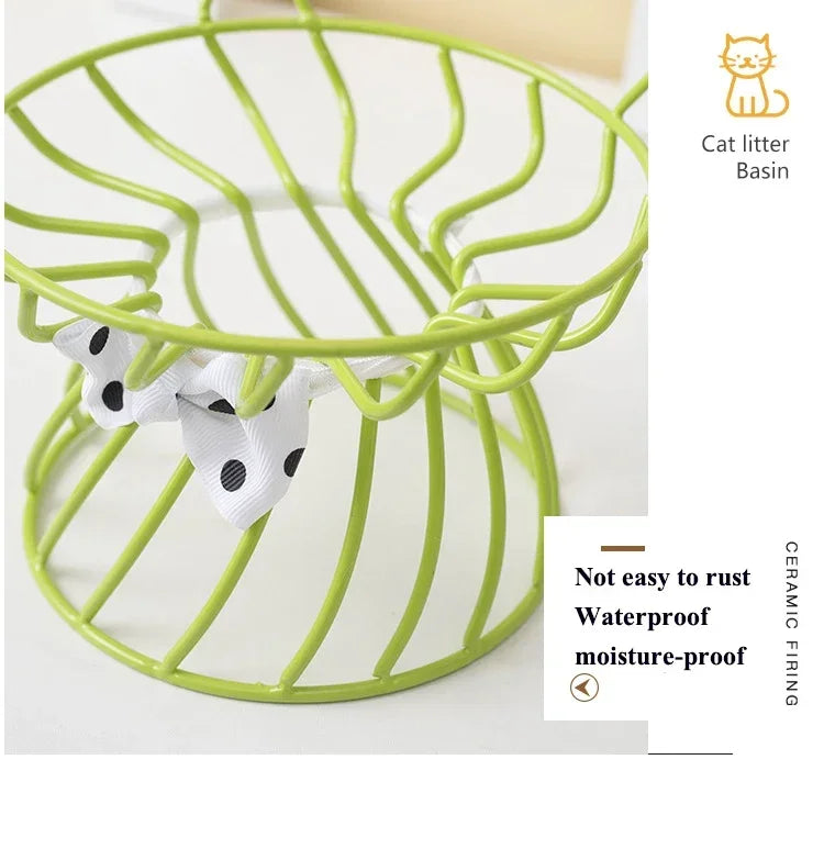 Ceramic Cat Food Bowl | High Foot Raised Pet Bowl | Cat Dog Feeding Dish | Cervical Spine Care | Outdoor Ceramic Bowl with Iron Stand | Anti-Tip Pet Feeder