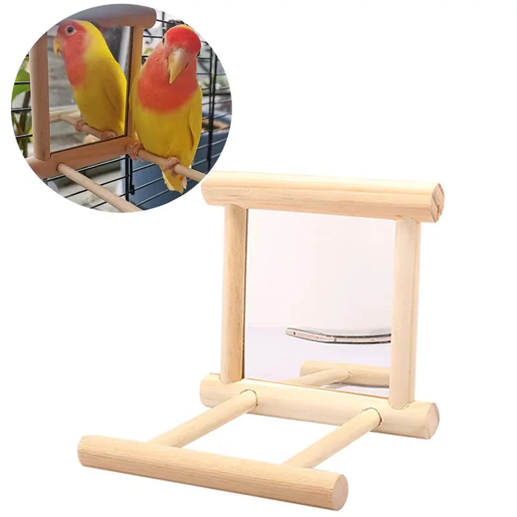 Wood Bird Mirror with Perch Stand | Bird Toy Stand | Bird Toy for Parrot, Parakeets, Cockatiels | Cage Parakeet Accessories