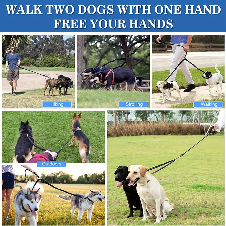 No-Tangle Double Dog Leash Coupler with Reflective Bungee – Shock Absorbing Night Safety Lead