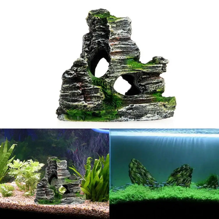 Aquarium Sandstone Decoration – Mountain View Resin Rocks with Caves, Fish & Shrimp Shelter, 11cm