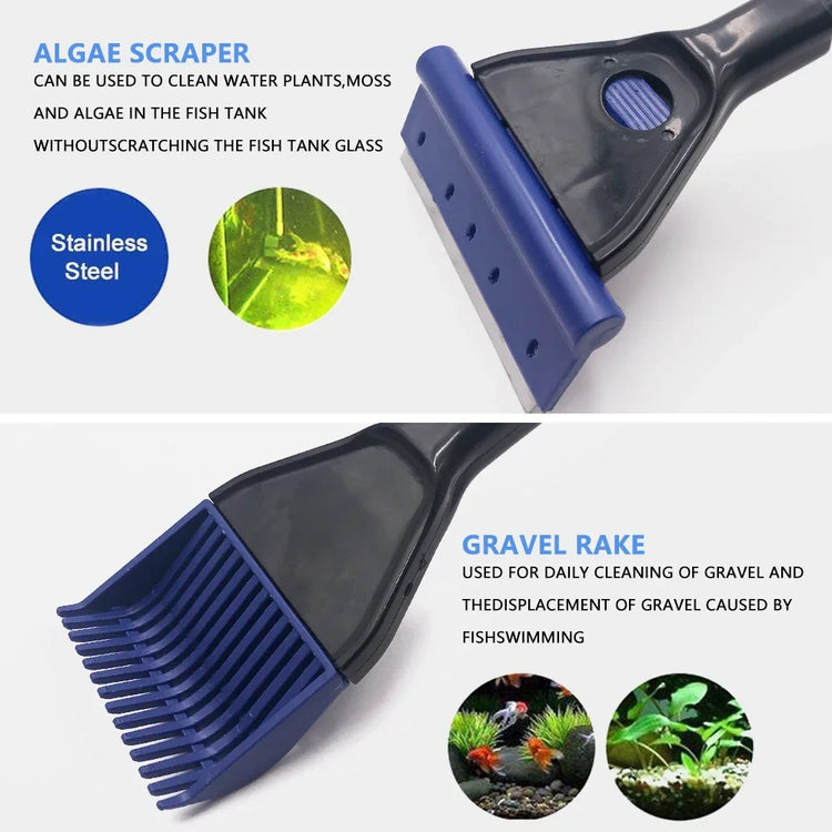 5-in-1 Aquarium Cleaning Tool Set – Fish Net, Gravel Rake, Algae Scraper, Sponge Brush & Plant Fork