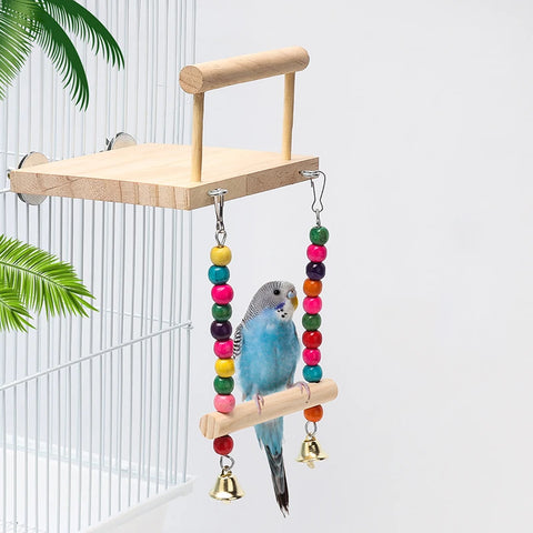 Bird Swing Toy | Wooden Parrot Perch Stand with Chewing Beads | Cage Playground for Budgie Birds