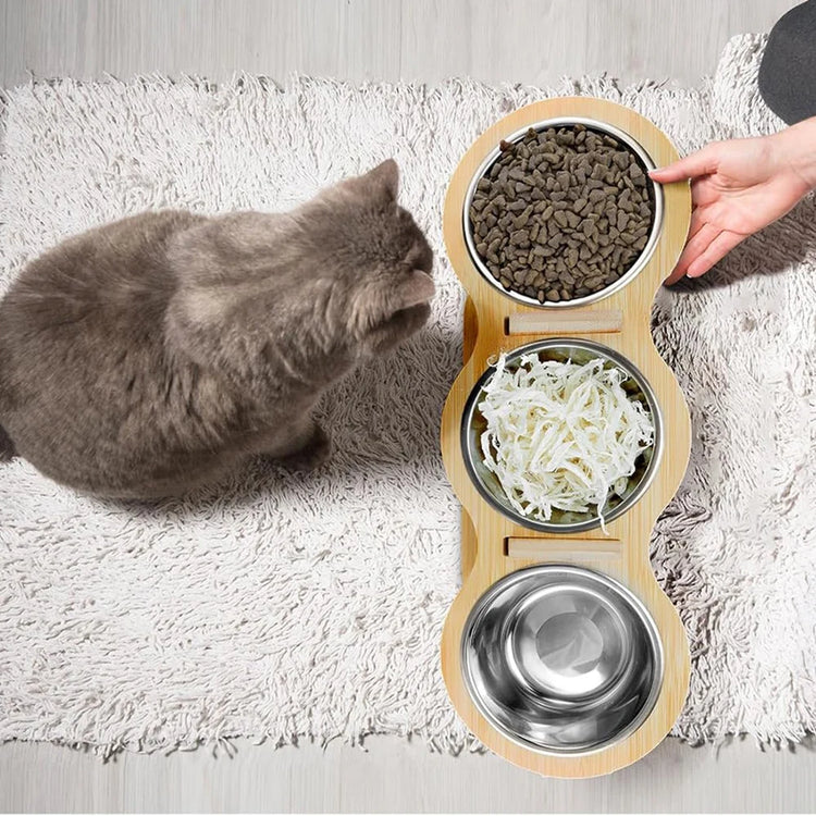 Elevated Cat Dog Bowls | 15° Tilted Raised Pet Bowls | Double Wooden Stand | Stainless Steel Food & Water Bowls | For Cats & Small Dogs | Pet Supplies