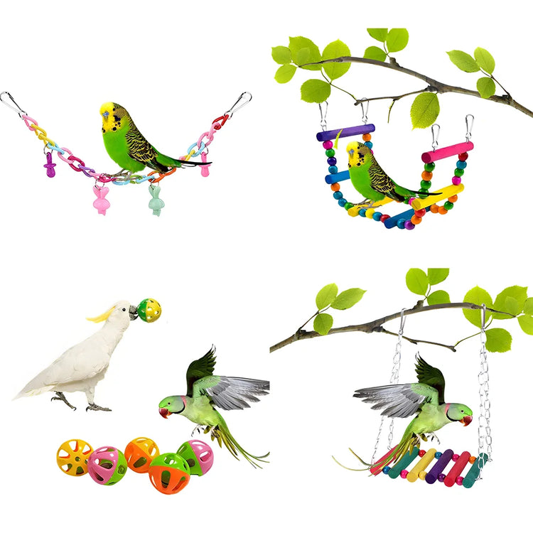 11Pcs Bird Cage Toys for Parrots | Wood Birds Swing | Reliable Chewable Bite Bridge / Wooden Beads Shape Parrot Toy - Bird Toys