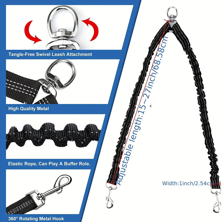 No-Tangle Double Dog Leash Coupler with Reflective Bungee – Shock Absorbing Night Safety Lead