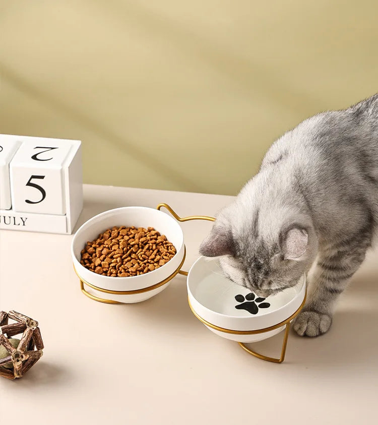 Ceramic Cat Bowl | Food & Water Bowl for Cats/Dogs | Double Ceramic Bowl Set | Cervical Protection | Pet Feeding Supplies