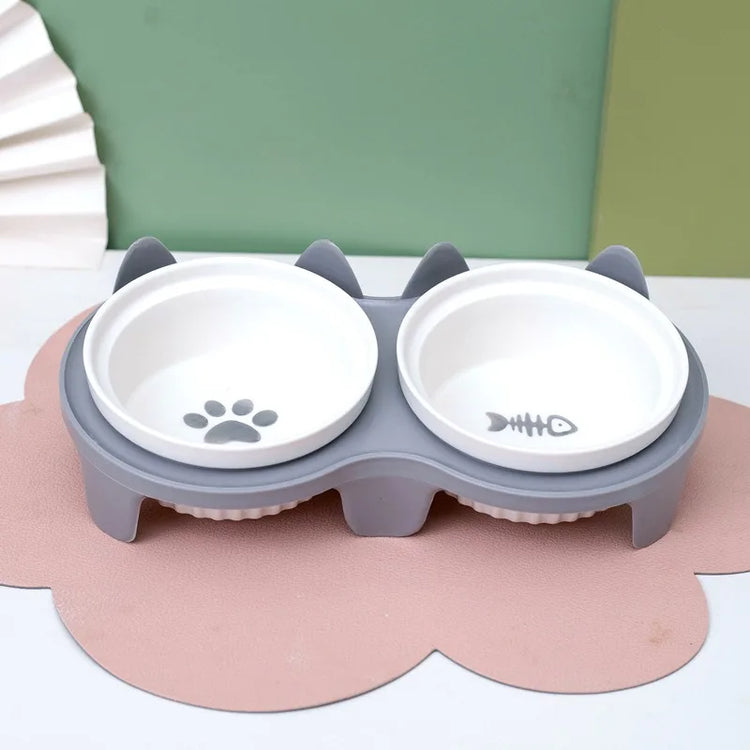 Ceramic Double Cat Bowl | Food & Water Bowl Set | Elevated Pet Bowl for Cervical Spine Protection | Cat Supplies