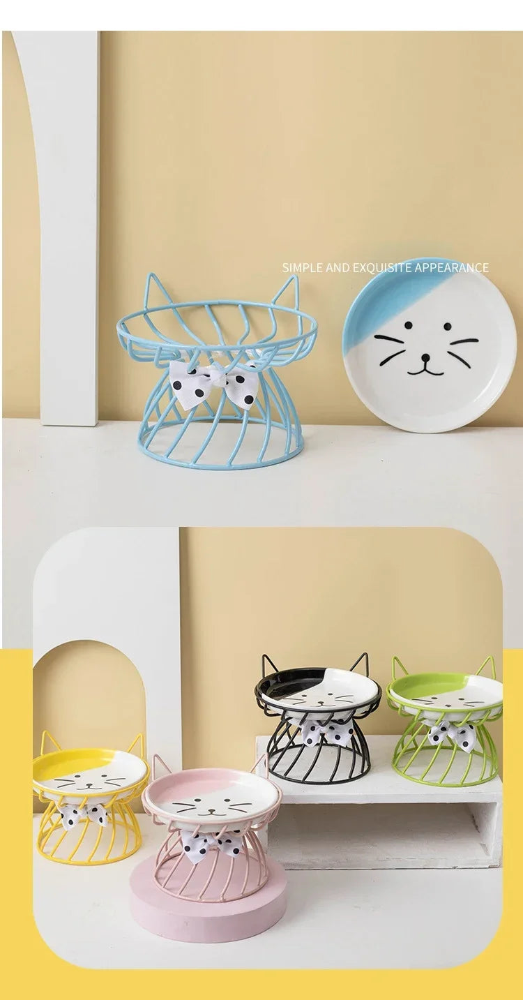 Ceramic Cat Food Bowl | High Foot Raised Pet Bowl | Cat Dog Feeding Dish | Cervical Spine Care | Outdoor Ceramic Bowl with Iron Stand | Anti-Tip Pet Feeder