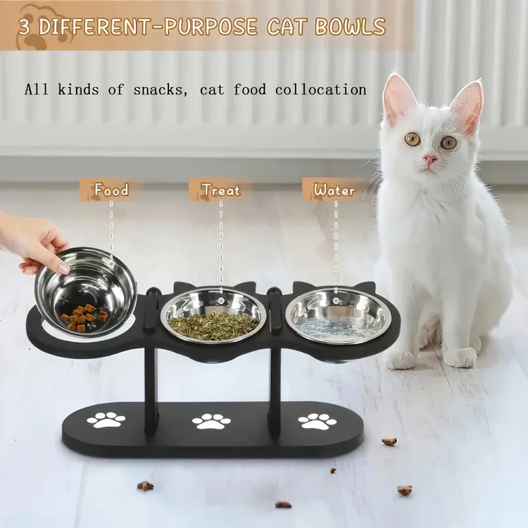 3-Tier Elevated Cat Feeder | Adjustable 15° Angle | Wood & Stainless Steel | Raised Pet Bowl Stand | Multi-Cat Feeding Station | Detachable Bowls | Easy Assembly