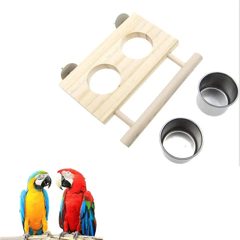 Bird Feeder | Stainless Steel Pet Parrot Feeding Bowl with Wooden Stand | Double Bowl Bird Feeding & Watering Supplies
