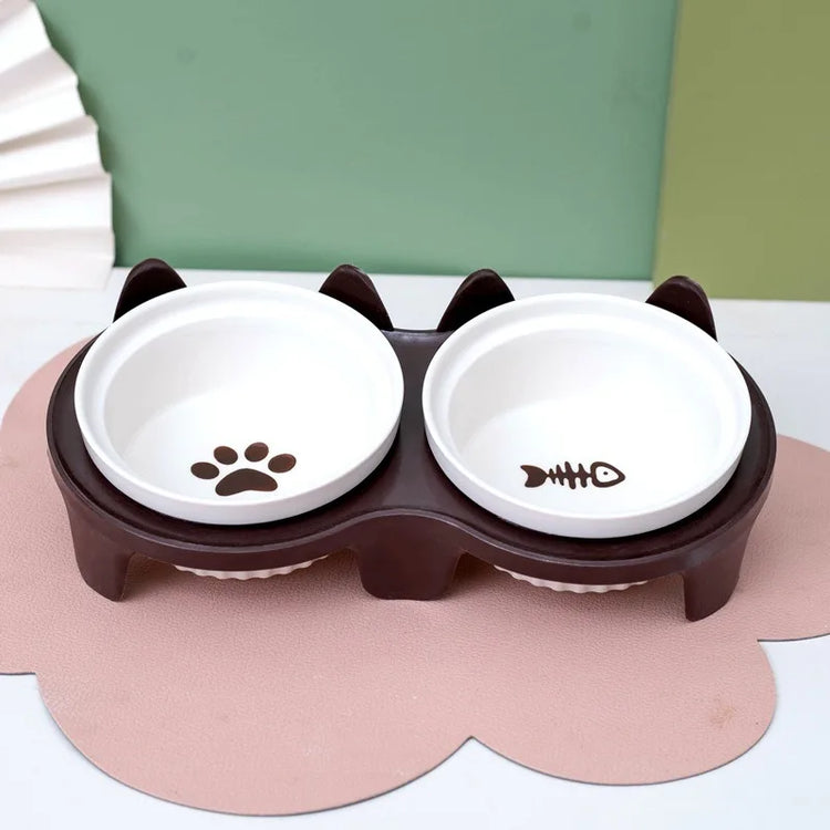 Ceramic Double Cat Bowl | Food & Water Bowl Set | Elevated Pet Bowl for Cervical Spine Protection | Cat Supplies