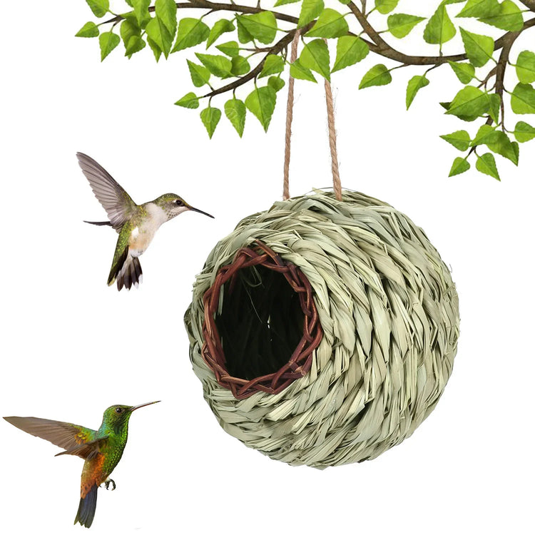 Hand-Woven Hanging Bird Nest | Natural Grass Cage House for Parrots, Finches & Sparrows | Outdoor Straw Bird Hut
