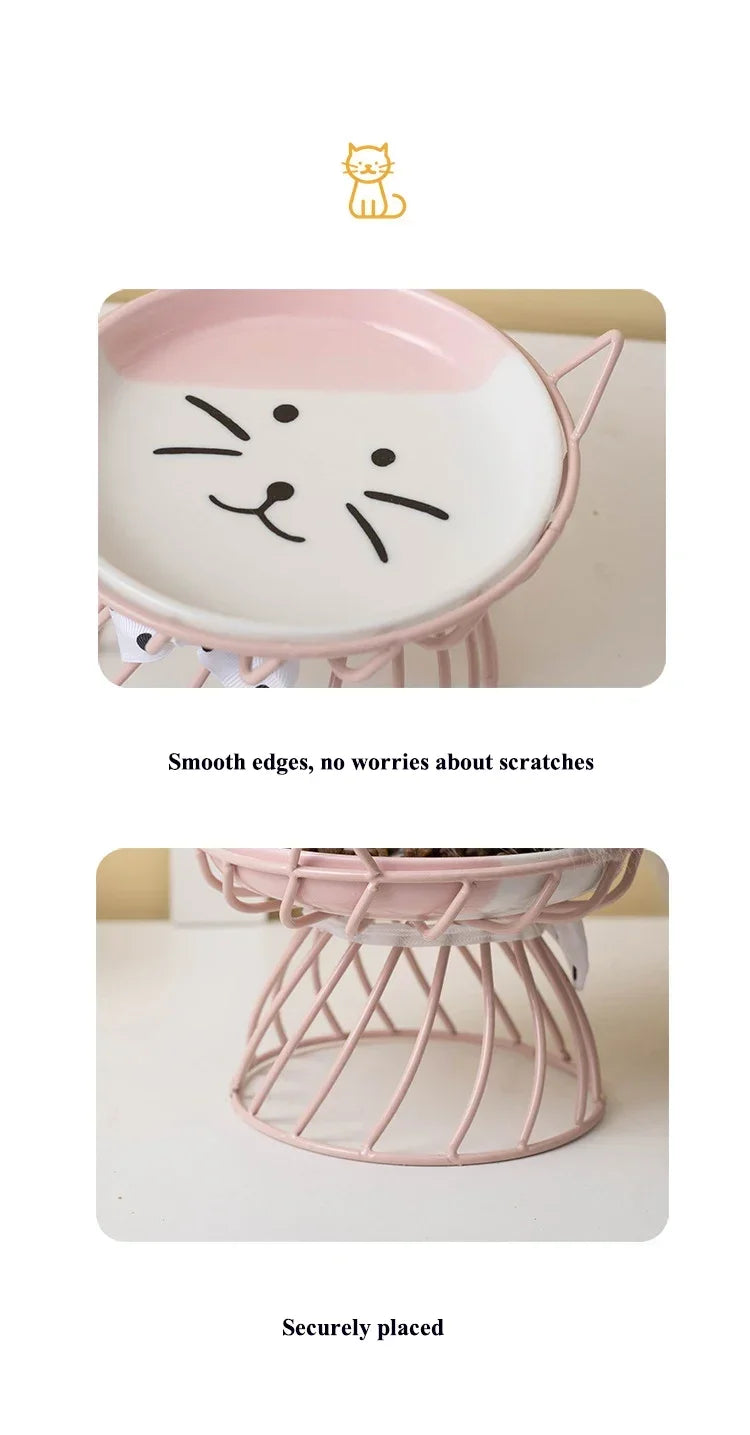 Ceramic Cat Food Bowl | High Foot Raised Pet Bowl | Cat Dog Feeding Dish | Cervical Spine Care | Outdoor Ceramic Bowl with Iron Stand | Anti-Tip Pet Feeder