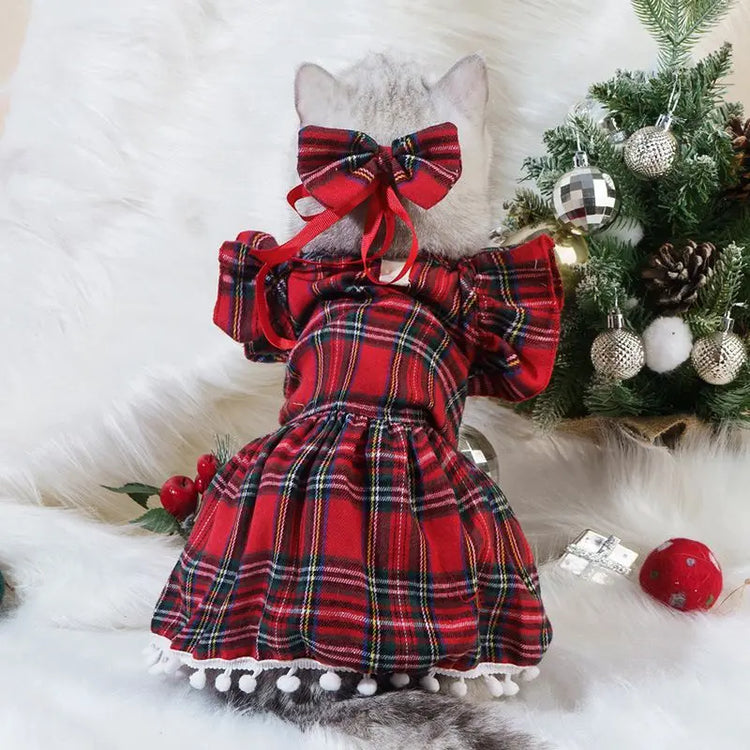 Christmas Pet Dress for Cats & Small Dogs | Red Bow Skirt | Holiday Costume