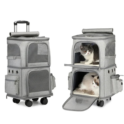 Double-Layer Pet Carrier Backpack with Spinner Wheels – Large Capacity Foldable Cat & Small Dog Trolley Bag for Outdoor Travel