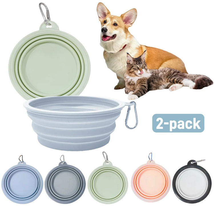 2pcs Collapsible Silicone Pet Bowls for Food & Water | Outdoor Camping & Travel Portable Folding Supplies Dishes with Carabiner