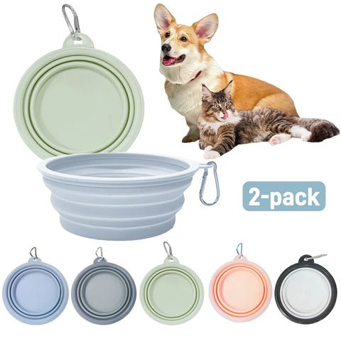 2pcs Collapsible Silicone Pet Bowls for Food & Water | Outdoor Camping & Travel Portable Folding Supplies Dishes with Carabiner