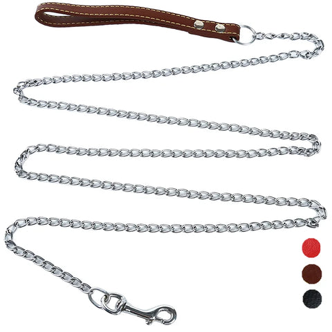Durable Anti-Bite Metal Dog Chain Leash with PU Leather Handle – 180cm