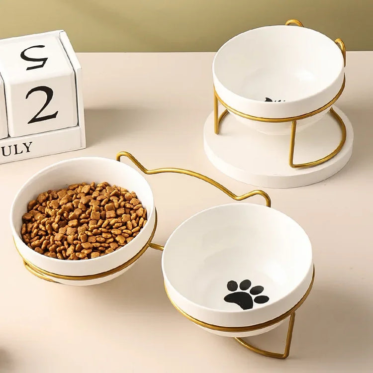 Ceramic Cat Bowl | Food & Water Bowl for Cats/Dogs | Double Ceramic Bowl Set | Cervical Protection | Pet Feeding Supplies