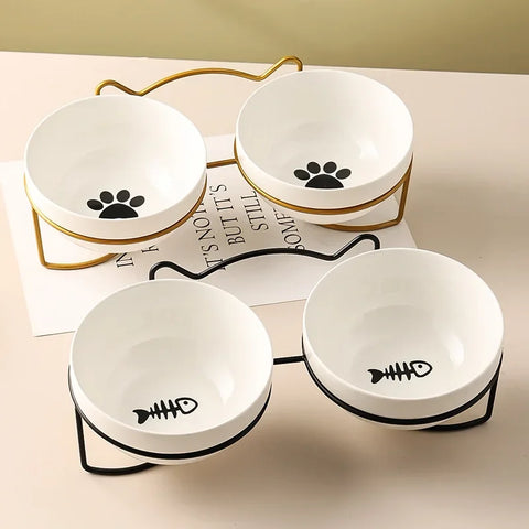 Ceramic Cat Bowl | Food & Water Bowl for Cats/Dogs | Double Ceramic Bowl Set | Cervical Protection | Pet Feeding Supplies