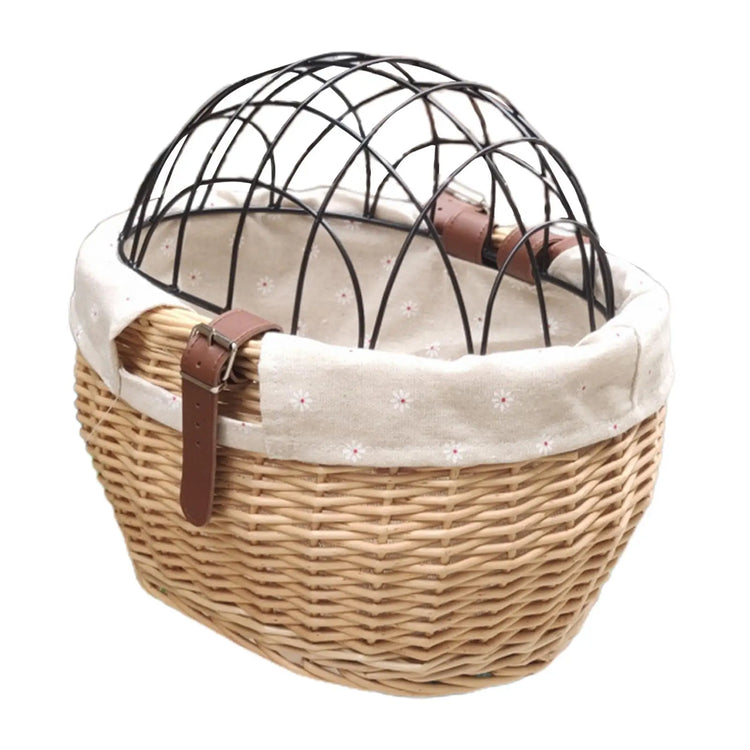 Wicker Pet Carrier | Front Bike Basket with Wire Mesh Cover - Small Dogs/Cats
