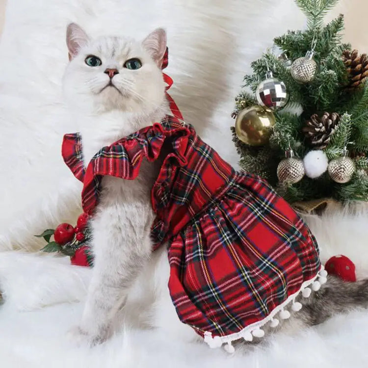 Christmas Pet Dress for Cats & Small Dogs | Red Bow Skirt | Holiday Costume