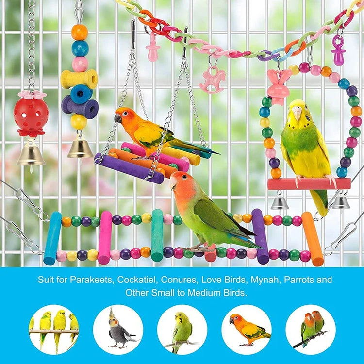 Bird Cage Toys for Parrots | Wood Birds Swing - Chewable Bite Bridge | Wooden Beads Shape Parrot Toy | 11pcs Parrot Toys Set