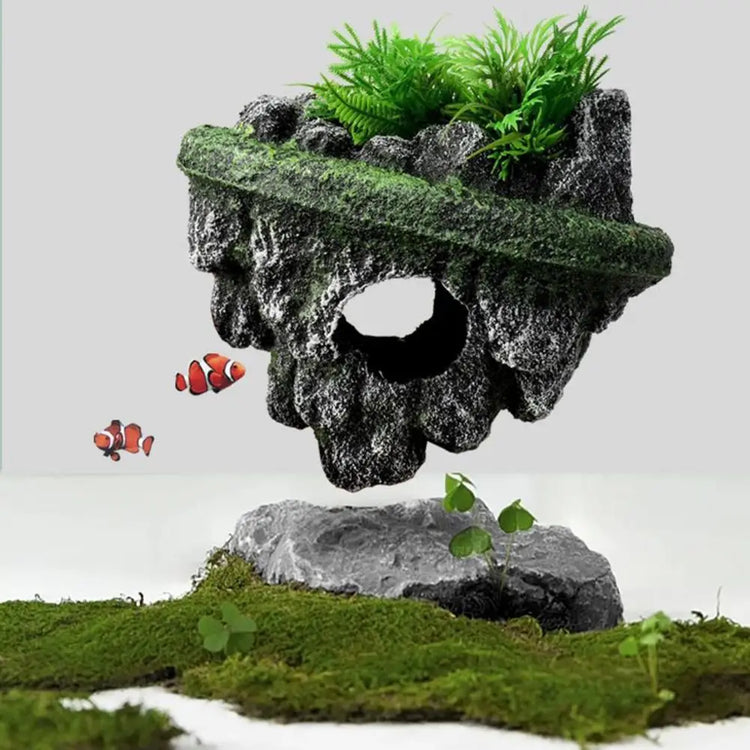 Fish Tank Artificial Stone Decoration – Miniature Floating Moss Rock with Cave Hideout for Aquarium Landscaping