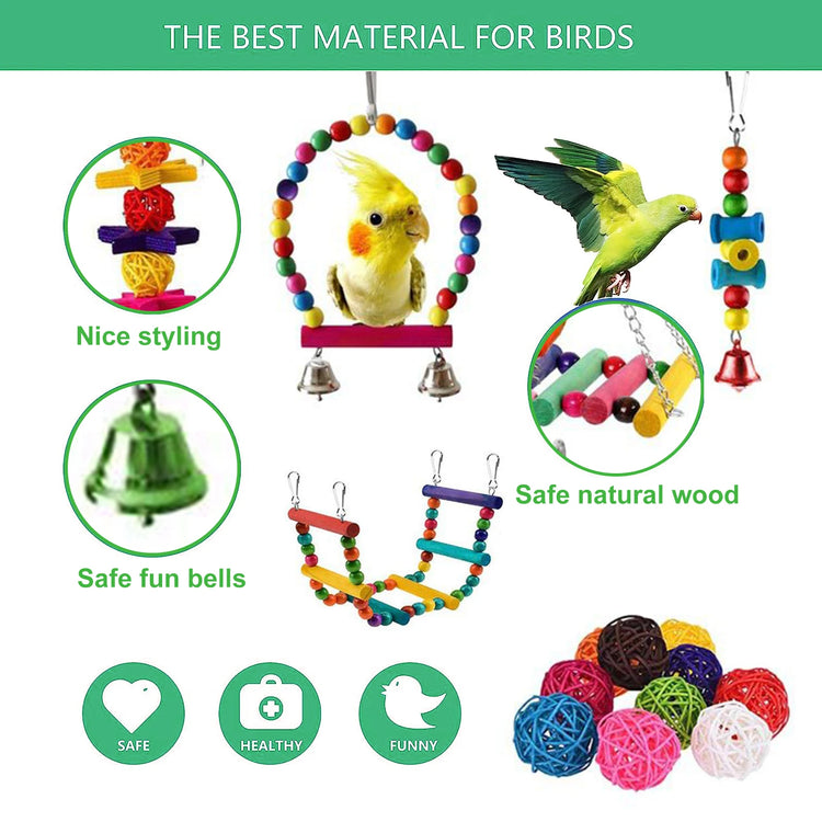 7PCS/16PCS Bird Toy Set | Parrot Cage Accessories - Safe Durable Hanging Toys / Bell & Chew Toys for Cockatiels, Parakeets, Lovebirds